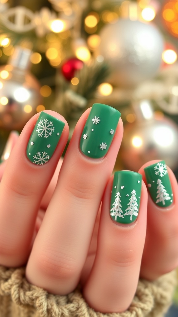 Festive green Christmas nail art with snowflakes and trees on a holiday background.